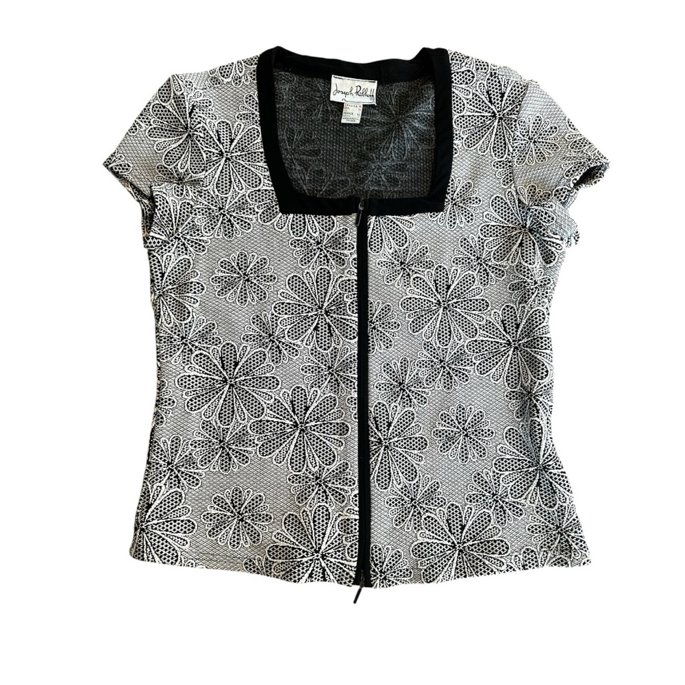 Joseph Ribkoff Black White Floral Zip Front Blouse Stretchy Size S Spring Daisy